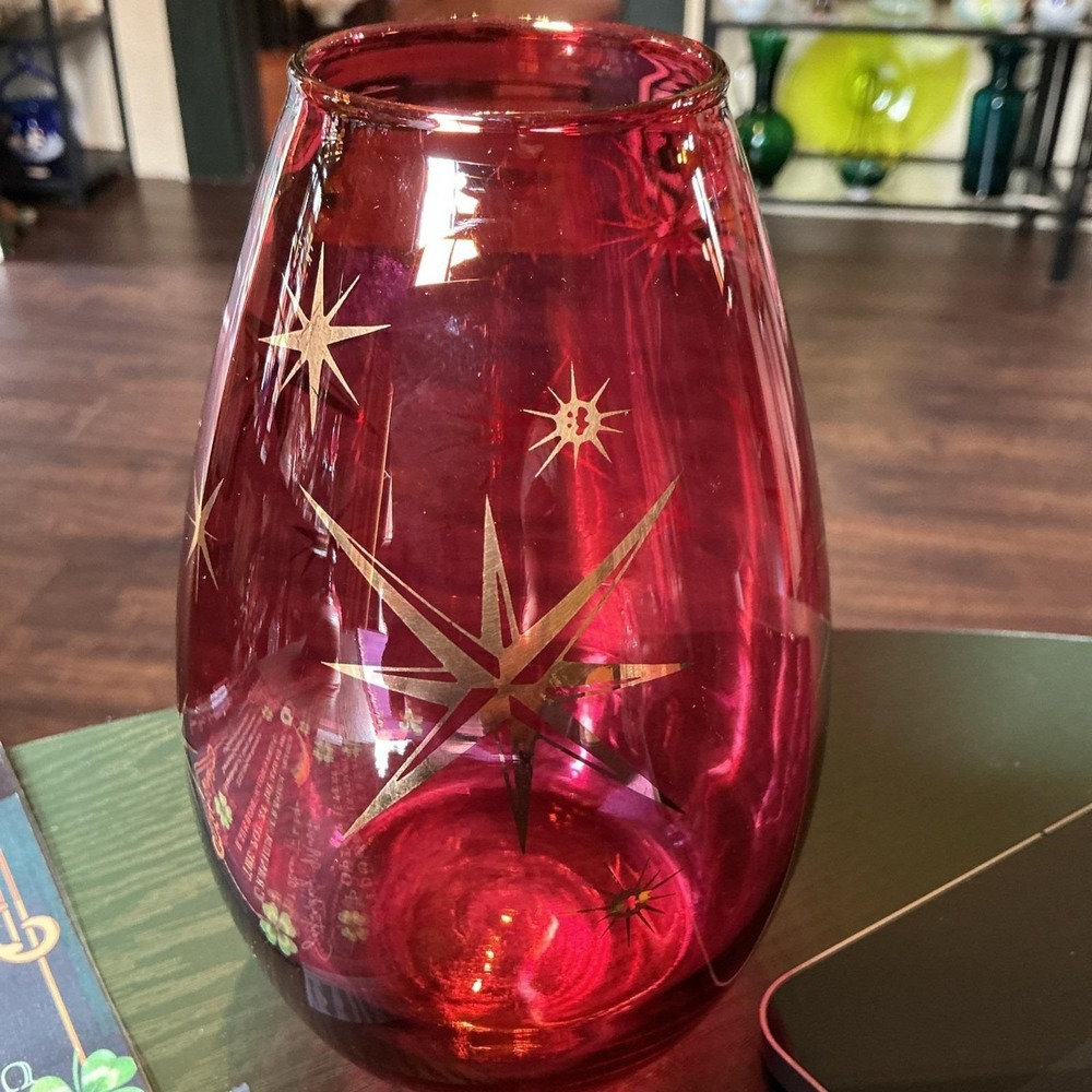 Vtg Bartlett Collins MCM Art Glass Pink Cranberry Vase Gold Atomic Starburst